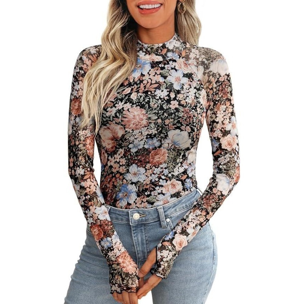 Dealmore Womens Floral Mesh Top Size S Multicolor Lettuceโ Trim Thumbhole Cuffs
